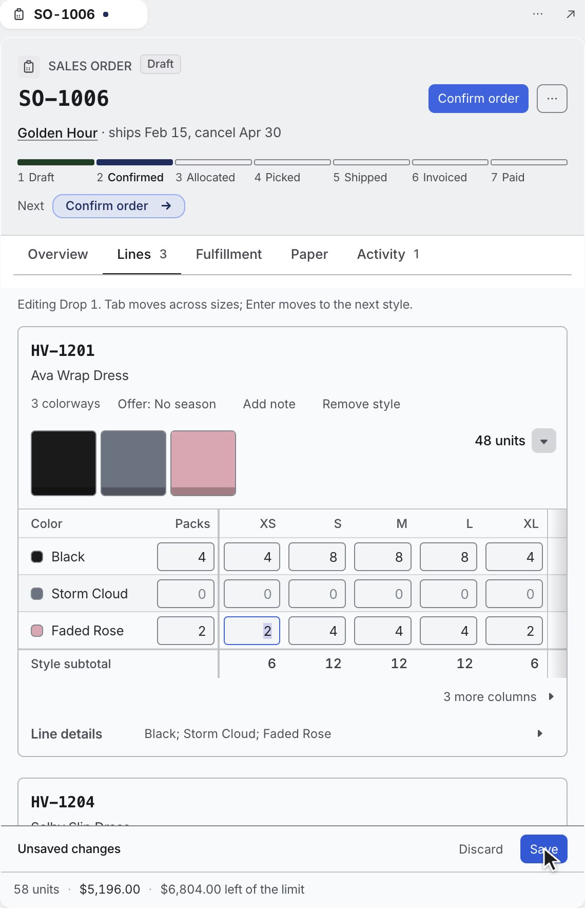 Taking an order in Butter ERP: the Ava Wrap Dress added by the pack, sizes and totals filling in