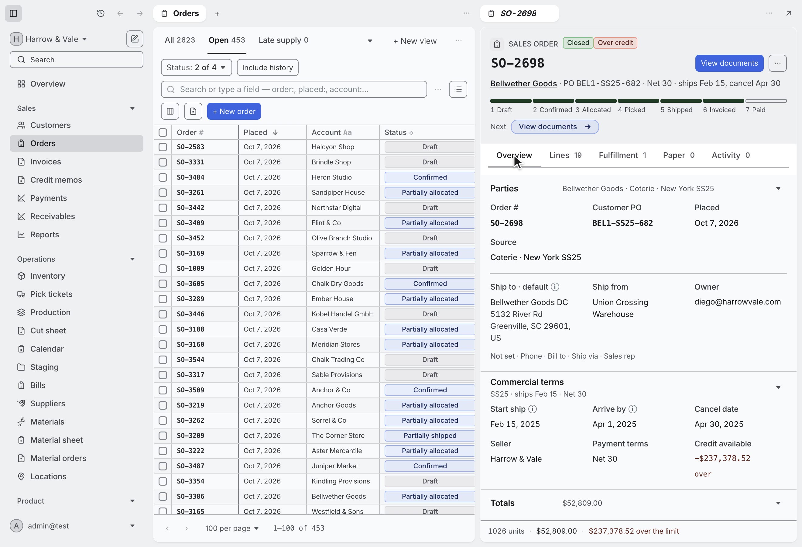 An order in Butter ERP, tab by tab: overview, nineteen lines by size, fulfillment and paperwork for Bellwether Goods